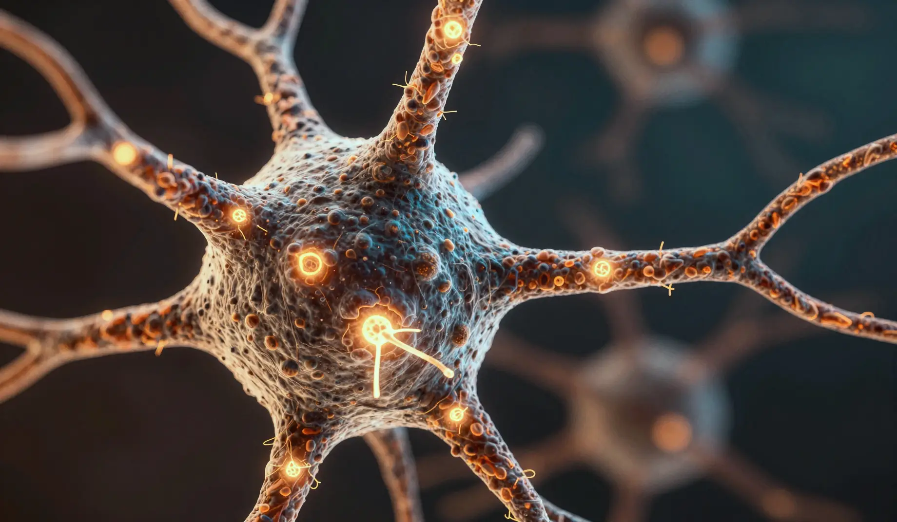 Extreme close-up of a human neuron with glowing synaptic connections against a dark background, warm amber and blue tones