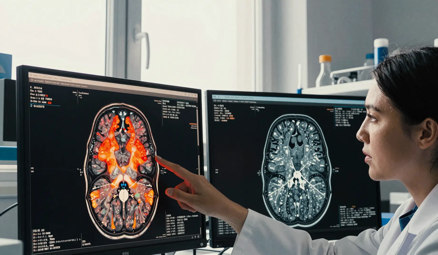 A neuroscientist in a modern lab examining brain scan images on multiple monitors, pointing at highlighted regions showing auditory cortex activity