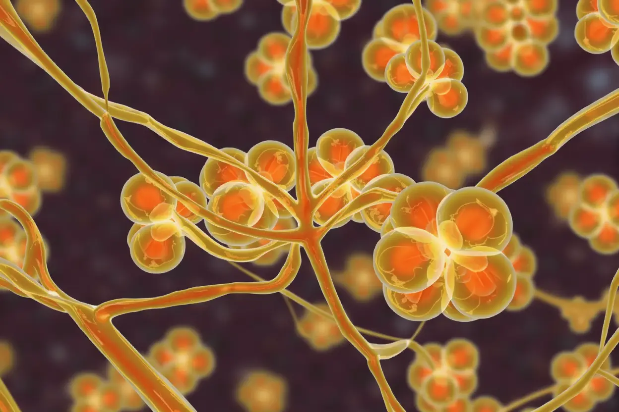 3D medical illustration of Candida auris fungal cells with extending filaments