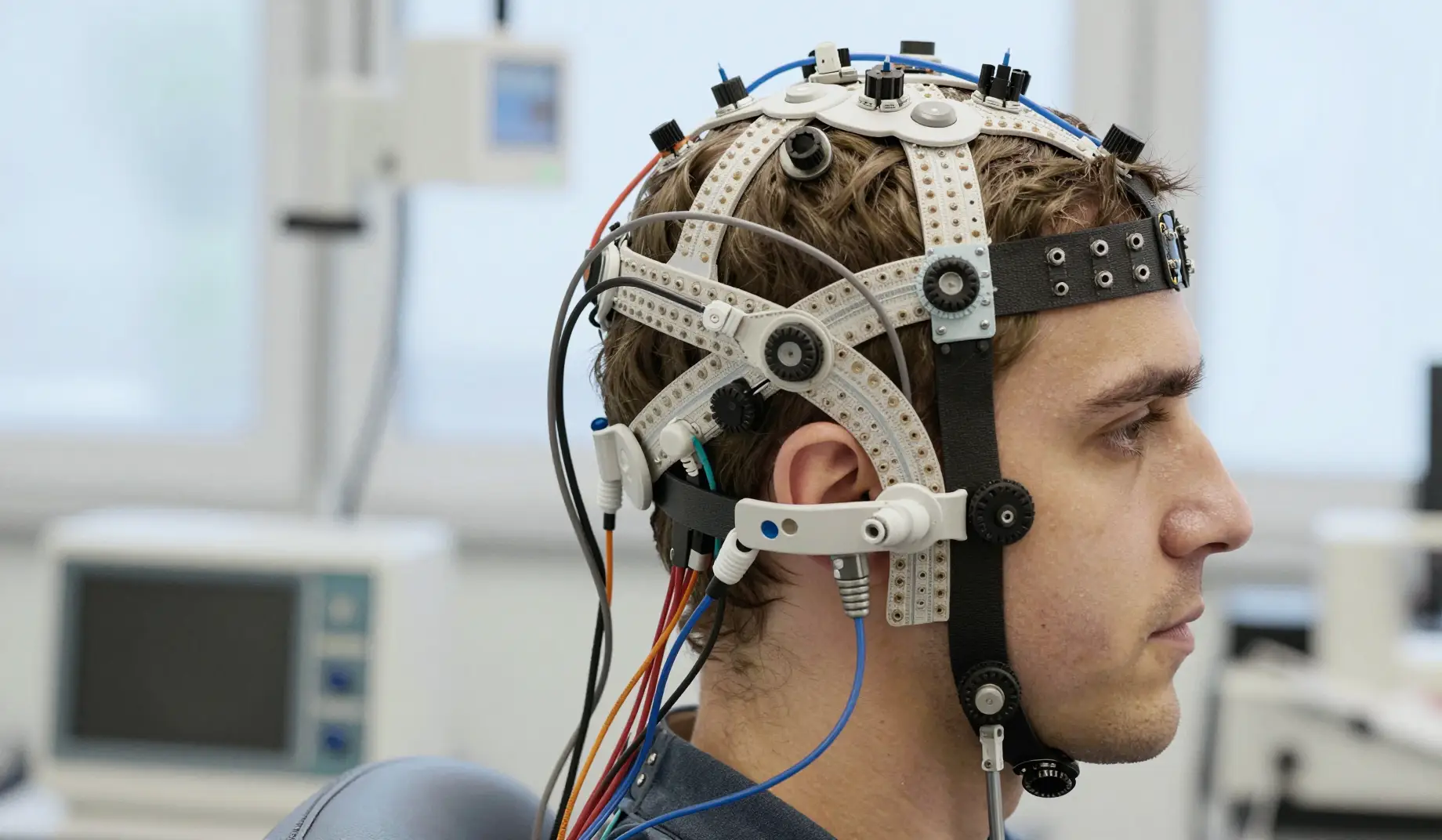 Side view of a research participant wearing a tight-fitting EEG cap with sensors and wires, sitting calmly in a modern neuroscience lab with soft lighting
