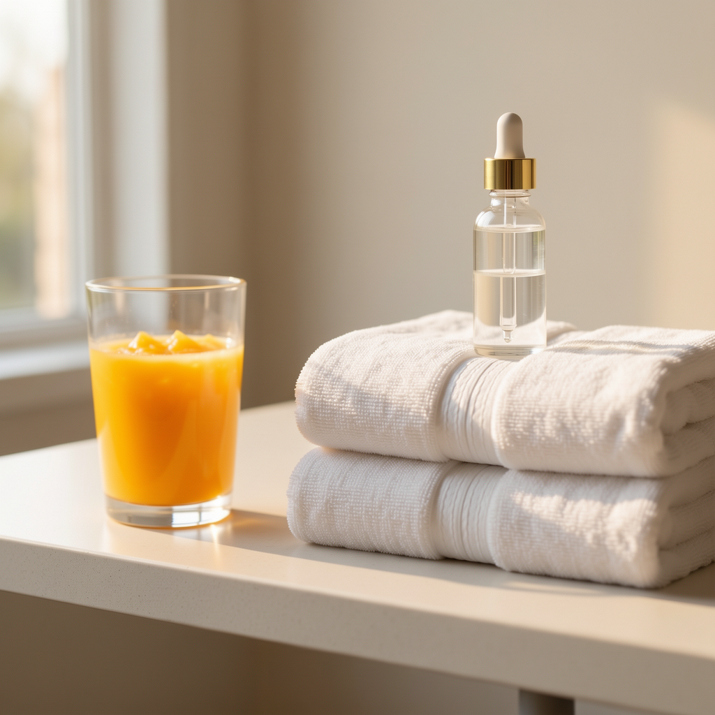 A glass of fresh orange juice and a dropper serum bottle placed beside folded white towels on a wooden shelf in soft natural light.