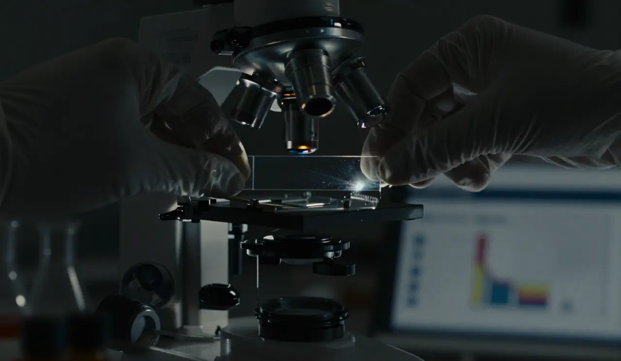 Close-up of a multi-head research microscope being focused by a scientist in a dimly lit lab.