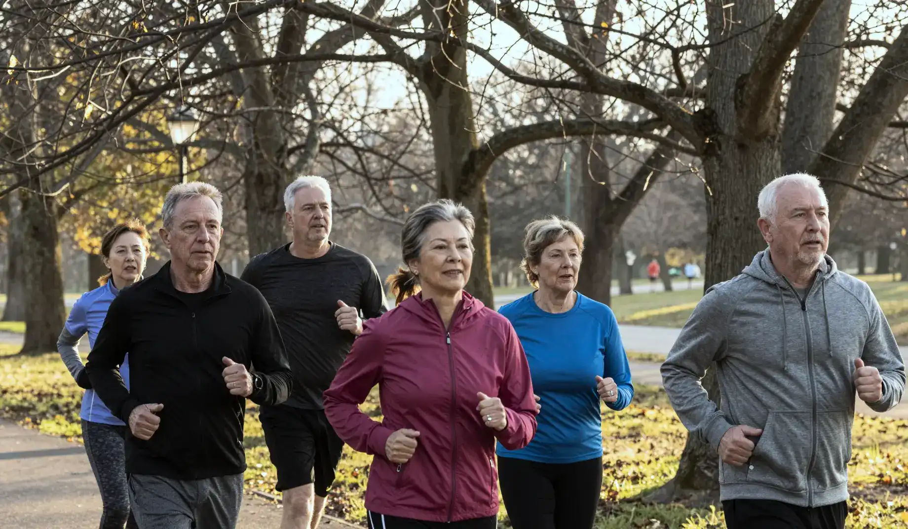 Diverse group of adults in their 40s and 50s jogging on a park path during morning light