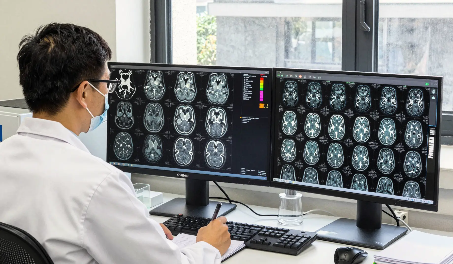 Neuroscientist reviewing brain MRI scans on dual monitors in a clinical research facility