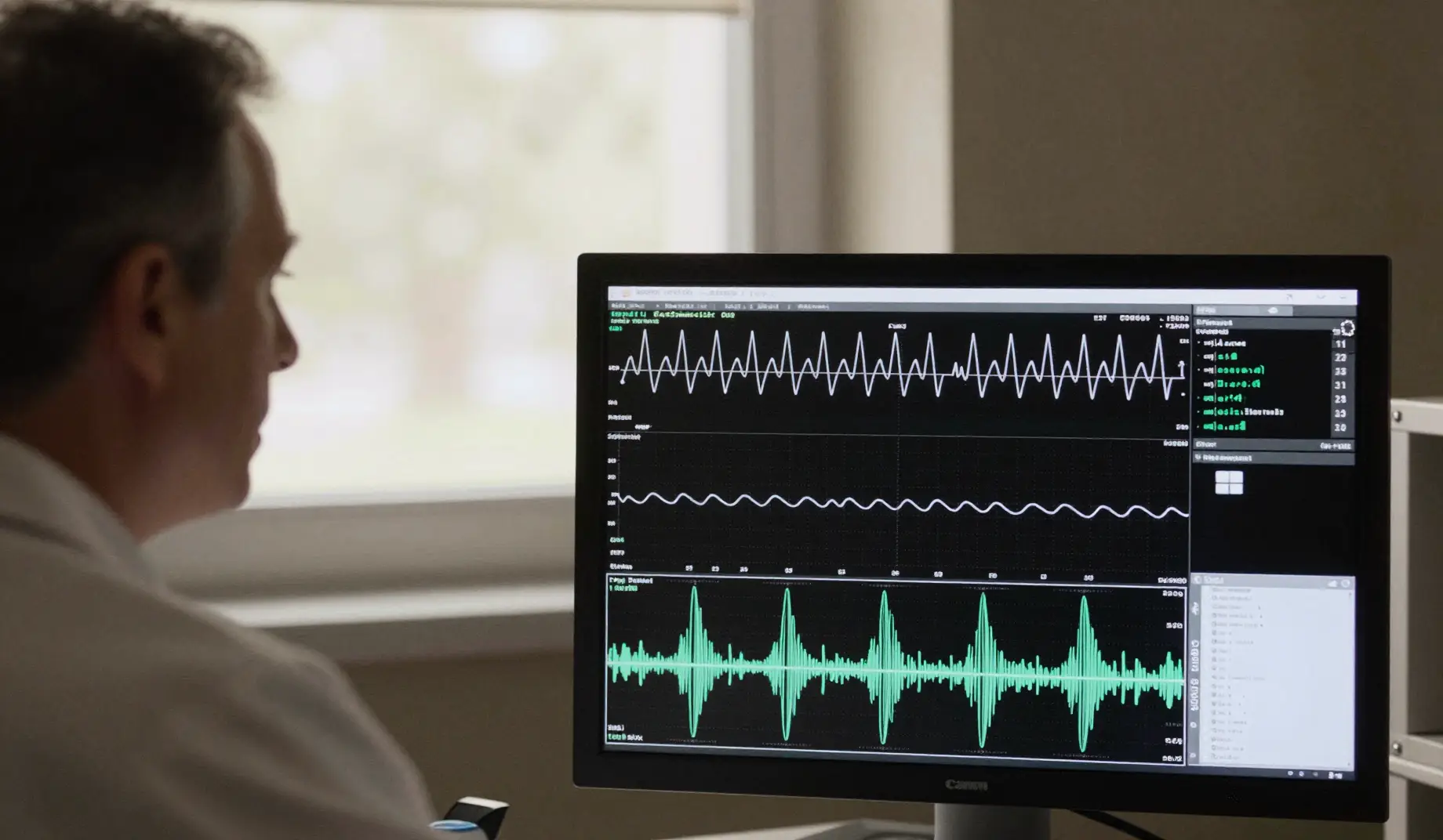 Neurologist reviewing abnormal brainwave patterns on a clinical monitor in a softly lit hospital office