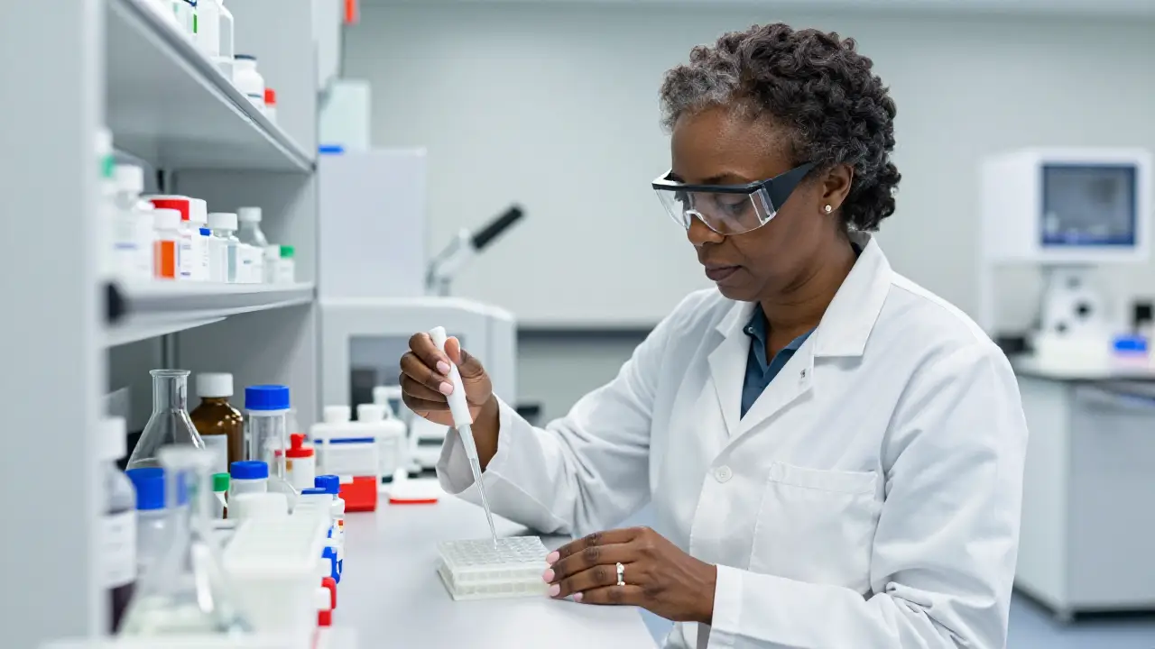 Black American female pharmaceutical researcher pipetting samples in modern drug development laboratory, focused on synapse protection compounds