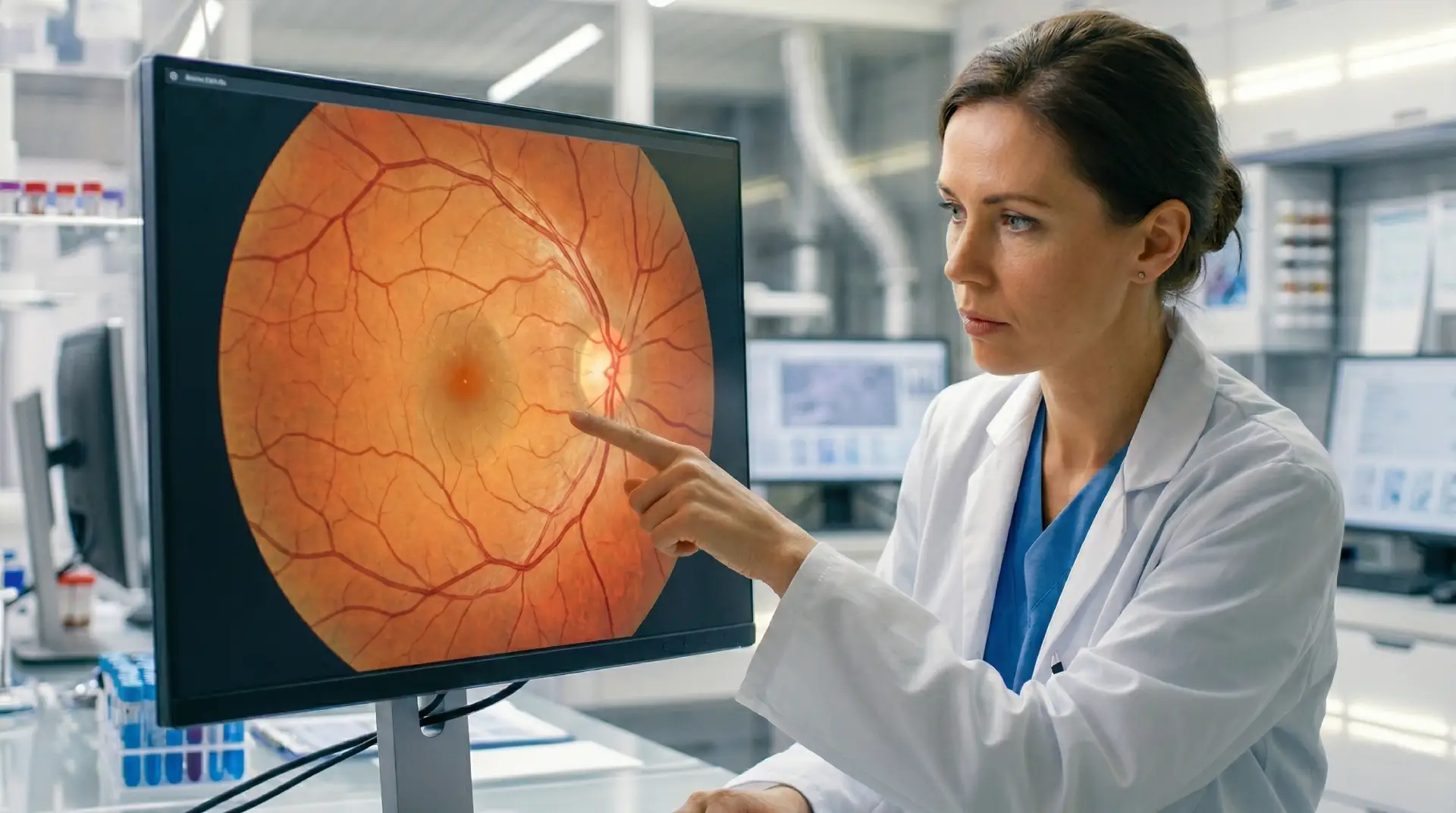 A focused scientist in a lab coat examines a high-resolution digital scan of a human retina on a large medical monitor