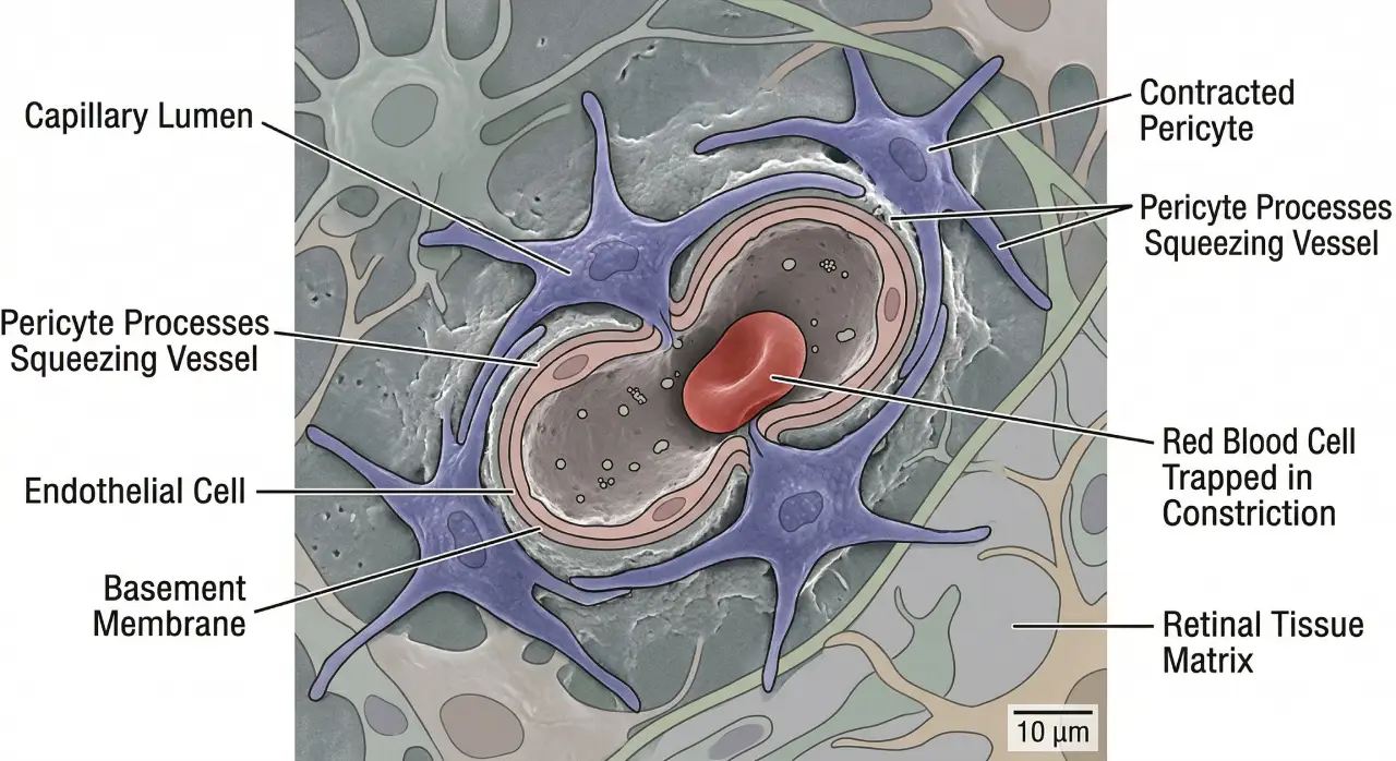 A microscopic cross-section showing a tiny retinal blood vessel being compressed by surrounding pericyte cells, restricting blood flow to the retina