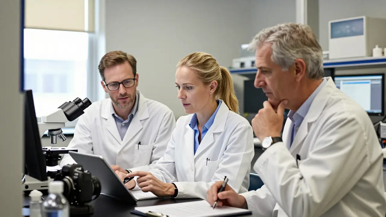 Three white American neuroscientists in lab coats reviewing research data together at laboratory bench, natural window lighting