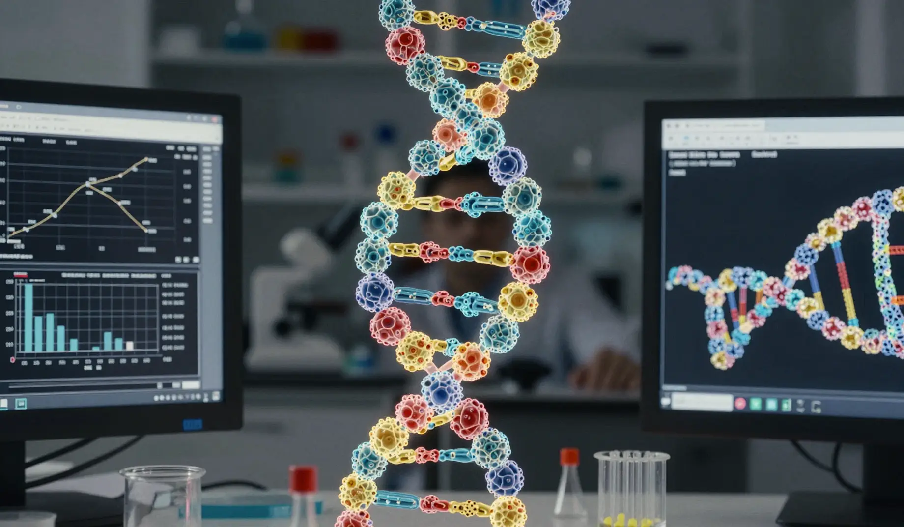 A scientist in a modern laboratory examining a 3D holographic display showing a double-helix DNA structure, with specific gene nodes highlighted, representing targeted drug discovery.