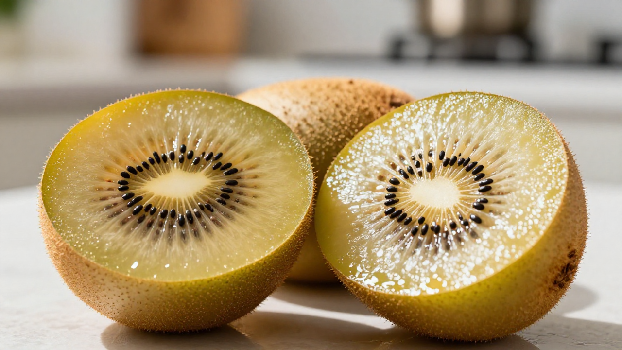 Sliced golden kiwi fruit showing yellow flesh and black seeds, with a whole kiwis in the background