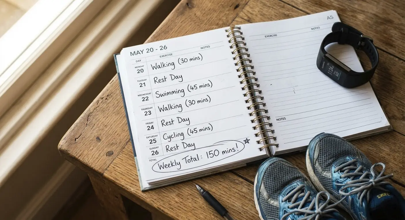 Overhead view of weekly planner showing exercise schedule with fitness tracker and running shoes
