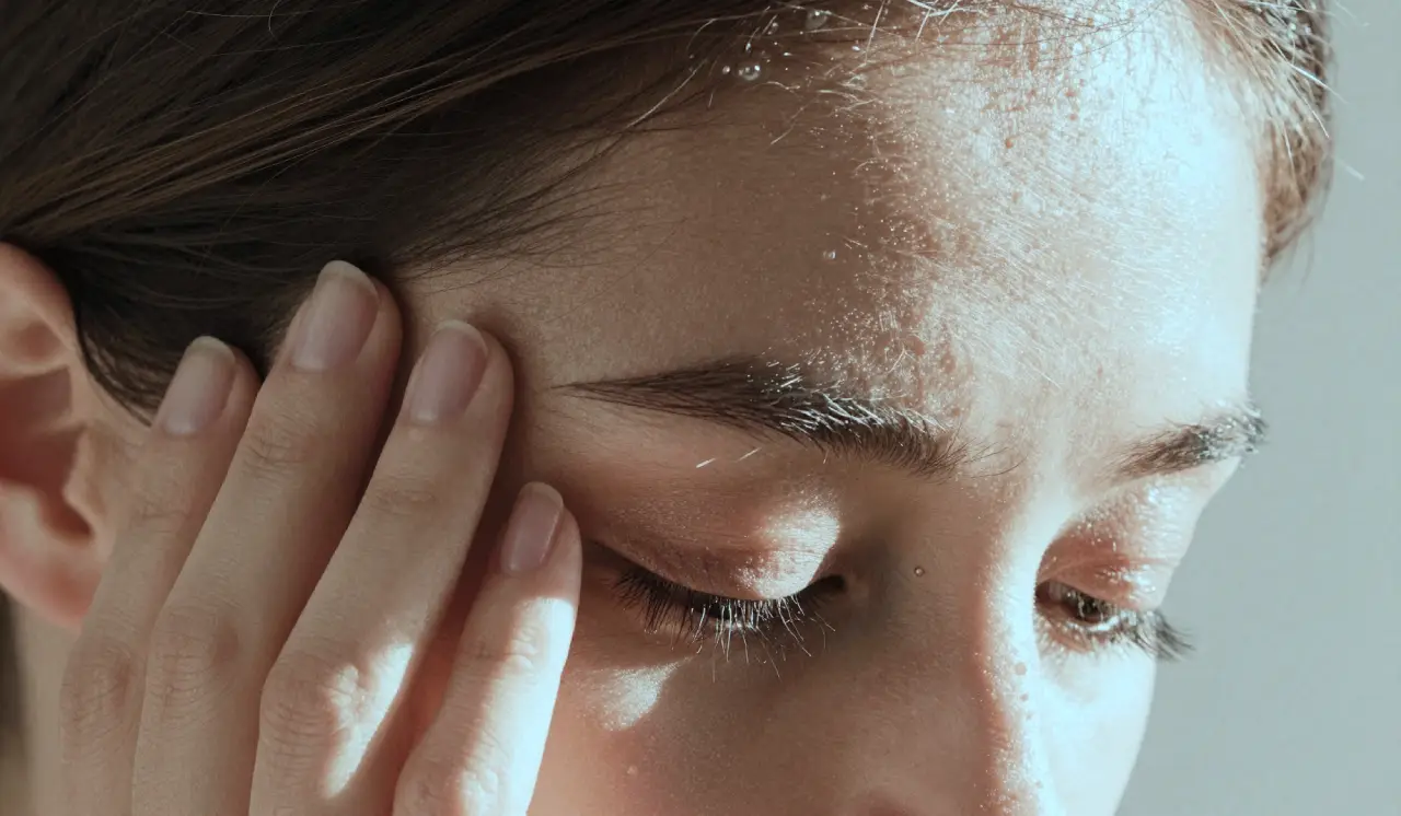 Close-up of a healthy woman gently touching her temple with soft warm light in the background
